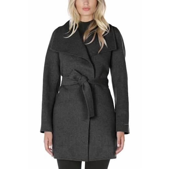 NEW ELIE TAHARI wool wrap coat with tie belt in deep charcoal - Picture 1 of 1